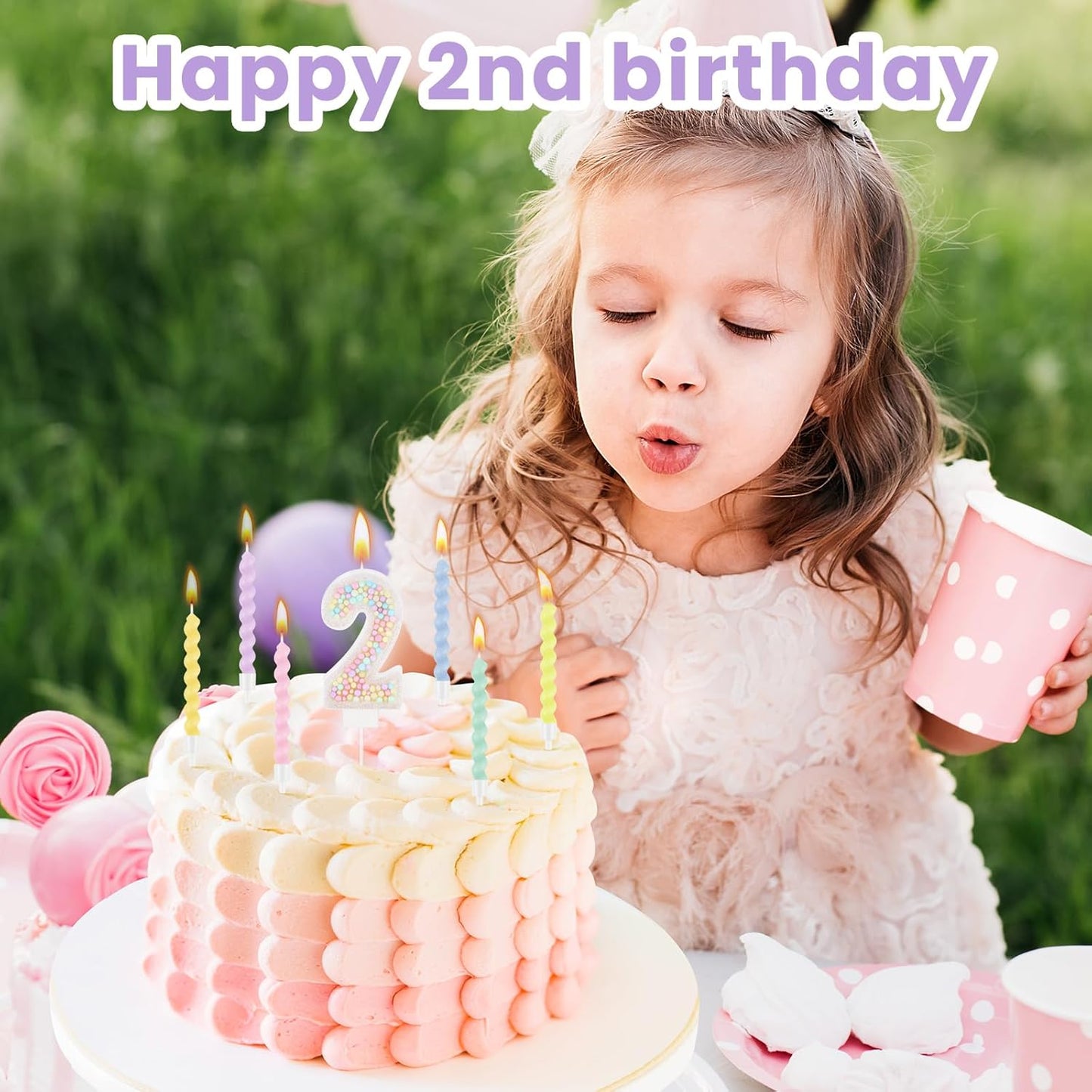 MTLEE Number 2 Birthday Candle with 12 Pcs Spiral Candles for Girls Macaron Pastel Rainbow Unicorn Pink Cake Topper for Sweet Theme Party Decoration