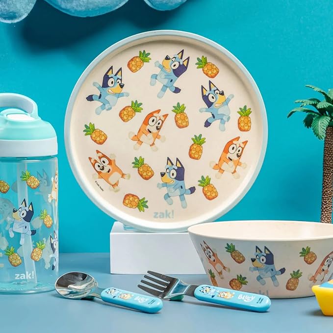 Zak Designs 5-Piece Dinnerware Set, Bluey - Durable Plastic & Stainless Steel - Includes Water Bottle, 8-Inch Plate, 6-Inch Bowl, Fork & Spoon - Suitable for Kids Ages 3+