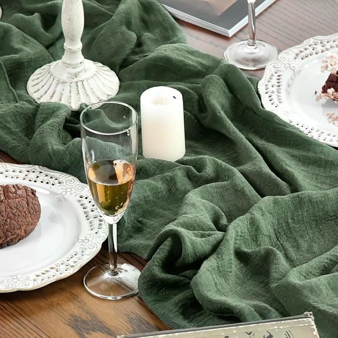 Artoid Mode Boho Forest Green Gauze 6 Pieces Wedding Table Runner, 120 Inch Birthday Fabric Kitchen Dining Holiday Table Decor for Home Party Indoor