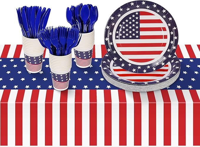 Childom Patriotic Party Supplies,152Pcs American Flag Themed Party Set,Patriotic Party Decorations,American Flag Tablecloth,4th of July Plates Cups,Red White and Blue Decor for Outside,Picnic,Memorial