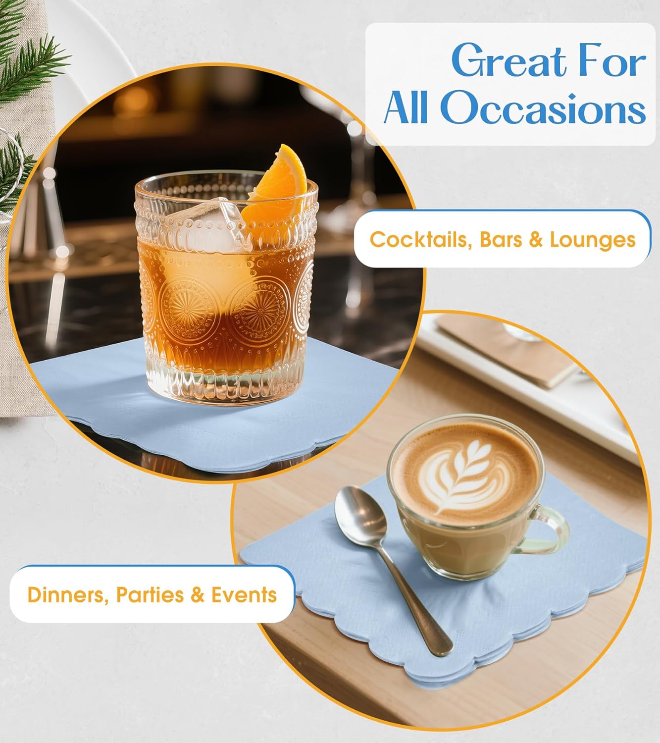 100 Pack Cocktail Napkins, 3-Ply Scalloped Edged Wedding Napkins Folded 5 x 5 Inches Dessert Napkins, Disposable Napkins for Dinner Birthday Party Bridal Anniversary Baby Shower Reception (Light Blue)