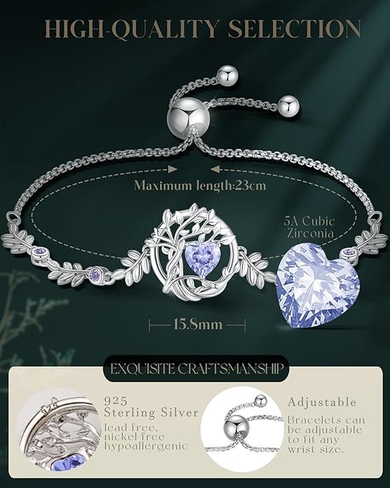 FANCIME Valentines Day Gift Tree of life Birthstone Bracelet for Women Sterling Silver Tree Jewelry Birthstone Charm Bracelet Gemstone Anniversary Birthday Gifts for Wife Mom Her