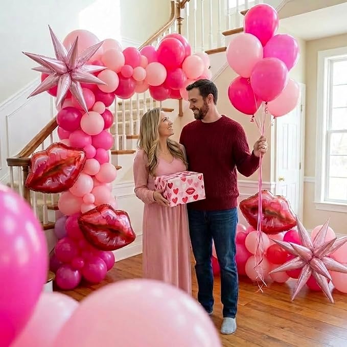 Pink Red Balloon Garland Arch Kit 108 Pcs with Foil Star Lip Balloons for Girl woman birthday Mother's Day Valentine galentines Bridal Shower Engagement Wedding theme party decorations