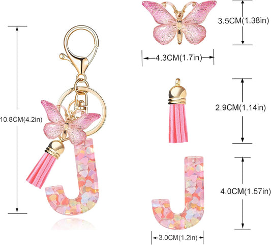 Fashion Alphabet Initial Letter Keychain Tassel Butterfly Pendant Key Ring for Purse Handbags Women Girl
