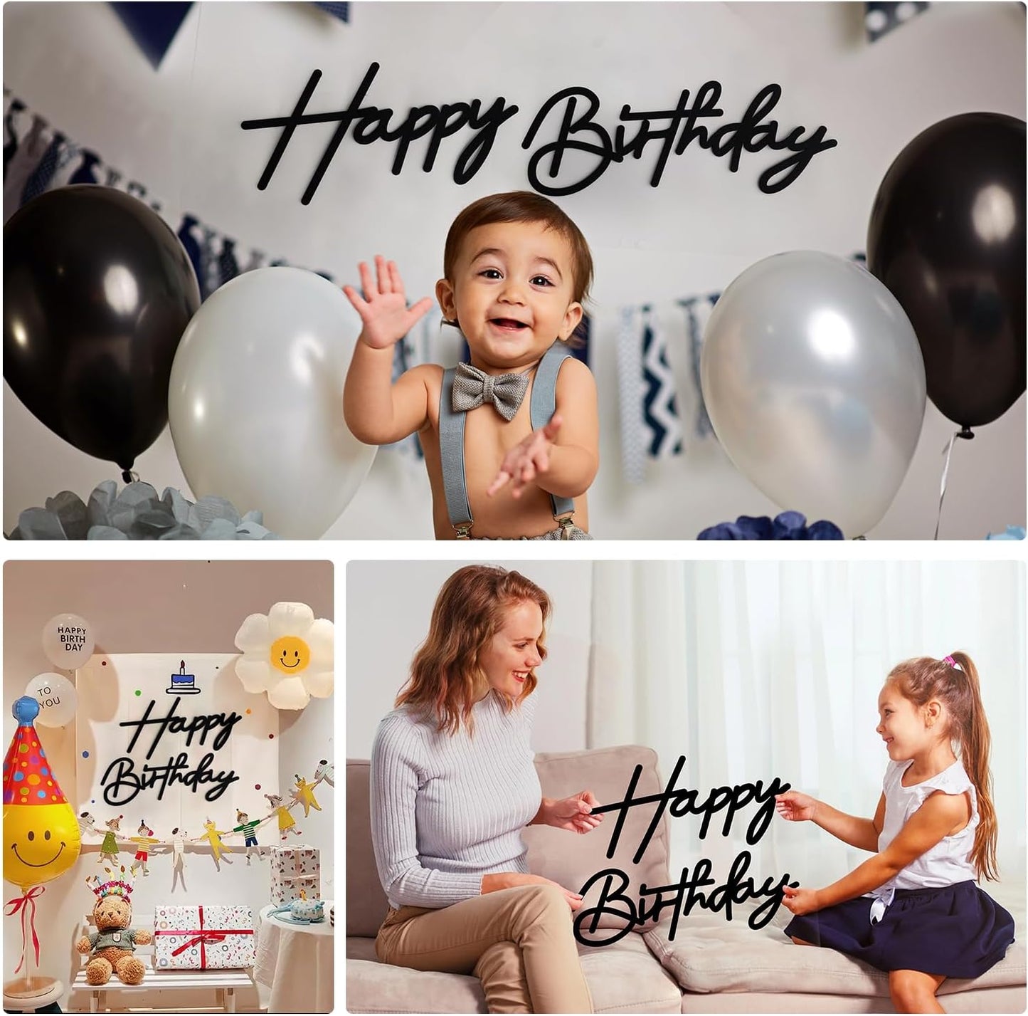 Black Happy Birthday Sign for Backdrop - Felt Happy Birthday Letters for Balloon Arch Party Backdrop Decorations Large Happy Birthday Signs for Baby Girl Women Party Baby Shower