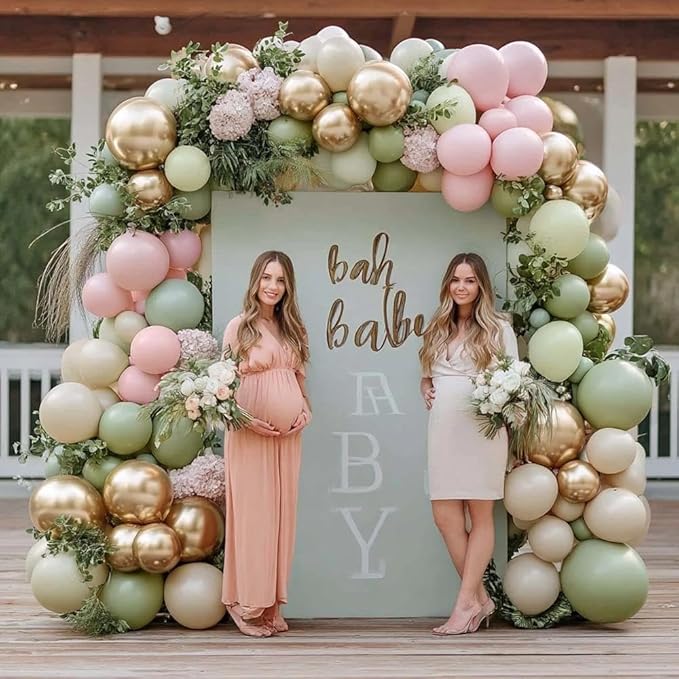Dusty Green Pink Balloon Arch Double Stuffed, Sage Mint Green Baby Pink White Sand Cream Gold Pastel Balloon Garland Kit for Baby in Bloom Birthday Wedding Easter Dinosaur Valentines Party