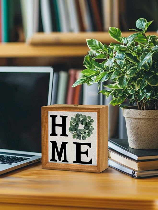 Wood Night Light Box 6.5x6.5in,Home Green Eucalyptus Leaves Garland Table Lights Wooden Picture Frame with USB Rechargeable Touch LED Lights for Home Decor Desktop Display,Retro Linen