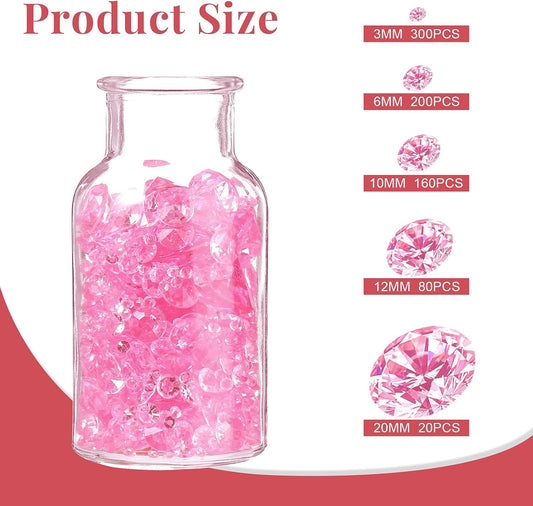 Hicarer 800 Pieces Diamond Decorations Acrylic Diamond Table Scatter Crystals for Table for Vase Fillers Party Table (Pink, 30mm, 20mm, 12mm, 8mm, 4mm)