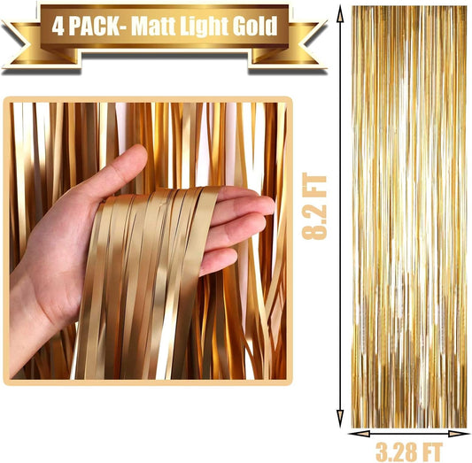 4 Pack Champagne Gold Foil Fringe Curtain Backdrop, 3.28Ft x 8.2Ft Metallic Tinsel Streamer Curtains for Party, Photo Booth Props, Birthday, Graduation Decoration Party Supplies