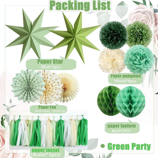 Green Party Decorations - Sage Greens Birthday Decoration - 15PCS Paper Decorations for Women Men Girl Boy,Hanging Backdrop for Engagement,Green Boho Wedding,Baby Shower,Bridal Shower,Garden Party