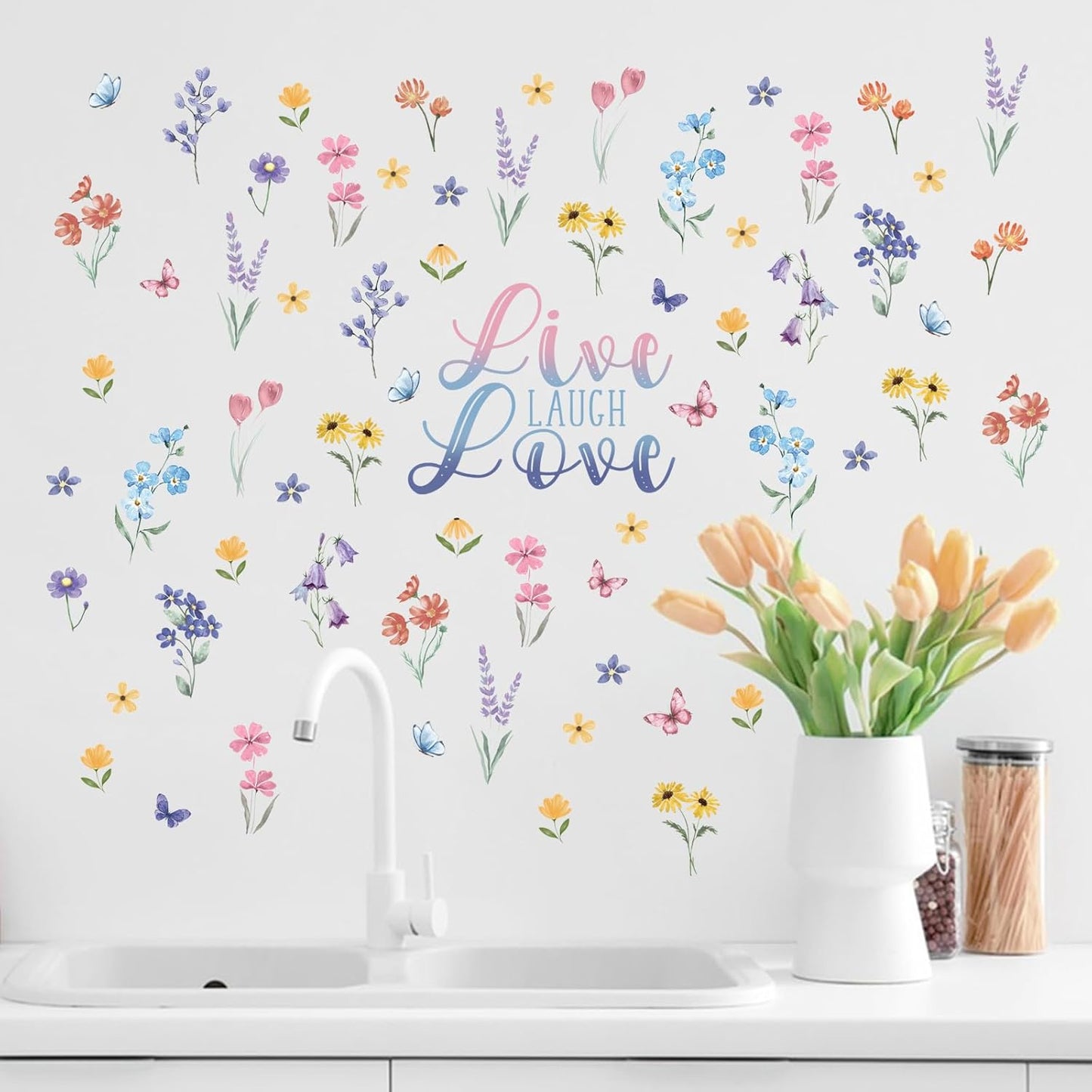 Mfault Watercolor Wildflower Floral Wall Decals Stickers, Live Laugh Love Flowers Butterfly Decorations Bedroom Art, Spring Summer Botanical Seasonal Home Living Room Kitchen Decor
