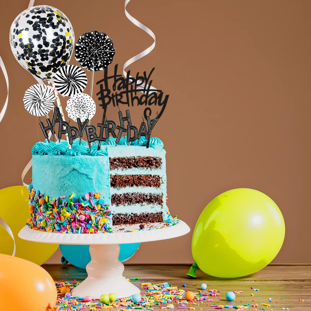 Black Cake Topper Decoration with Happy Birthday Candles, Acrylic Birthday Cake Topper, Confetti Balloon and Paper Fans for Black Theme Birthday Party Decor Women Man Girl Boy