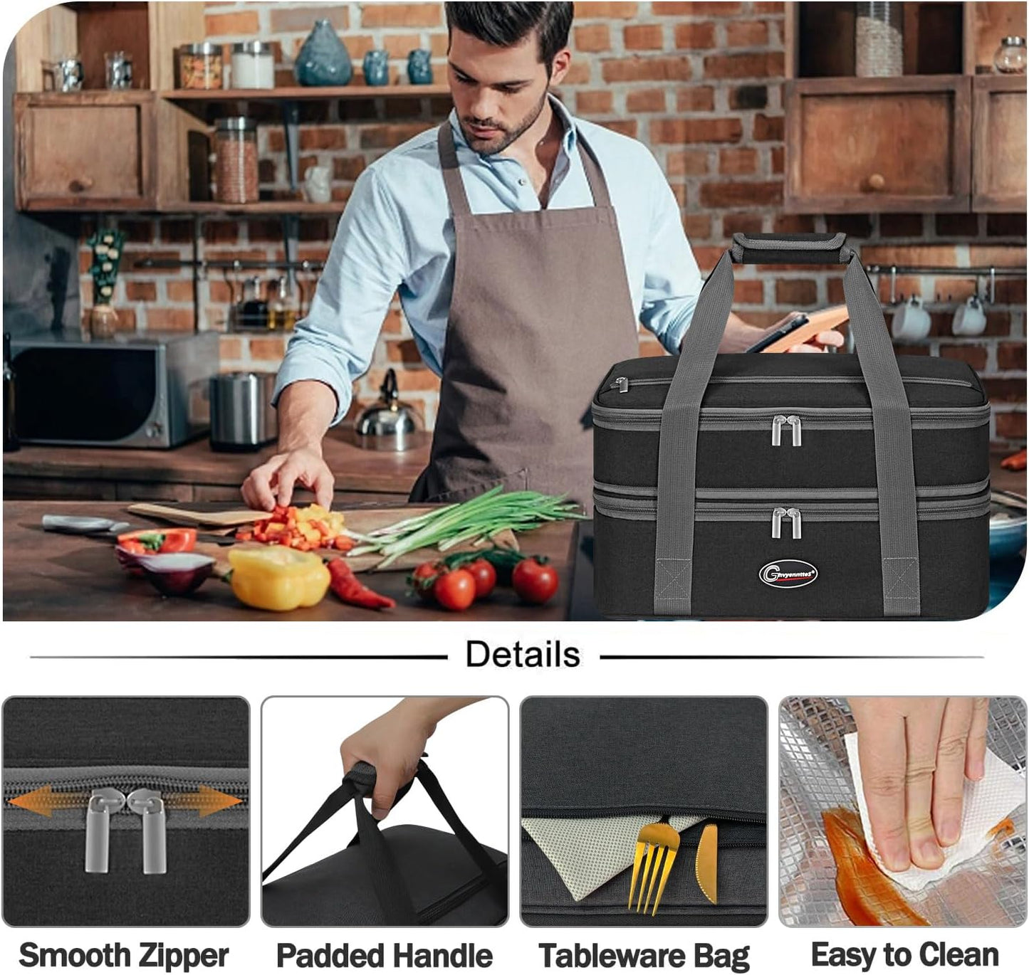 GhvyenntteS Casserole Carrier, Double Insulated Casserole Carrier for Hot or Cold Food Lunch Tote Warmer, Portable Lasagna Lunch Bag for Potluck Parties, Picnic, Travel, Fits 9"x13" Baking Dish, Black
