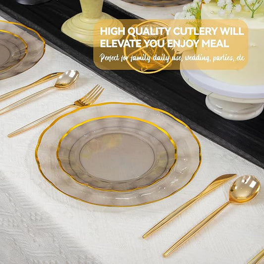 supernal 60Pcs Black and Gold Plastic Plates Heavy Duty Black Disposable Plates With Gold Rim,Elegant Clear Black Dinnerware For 30 Guests Perfect for Party,Birthday,Anniversary,New Year