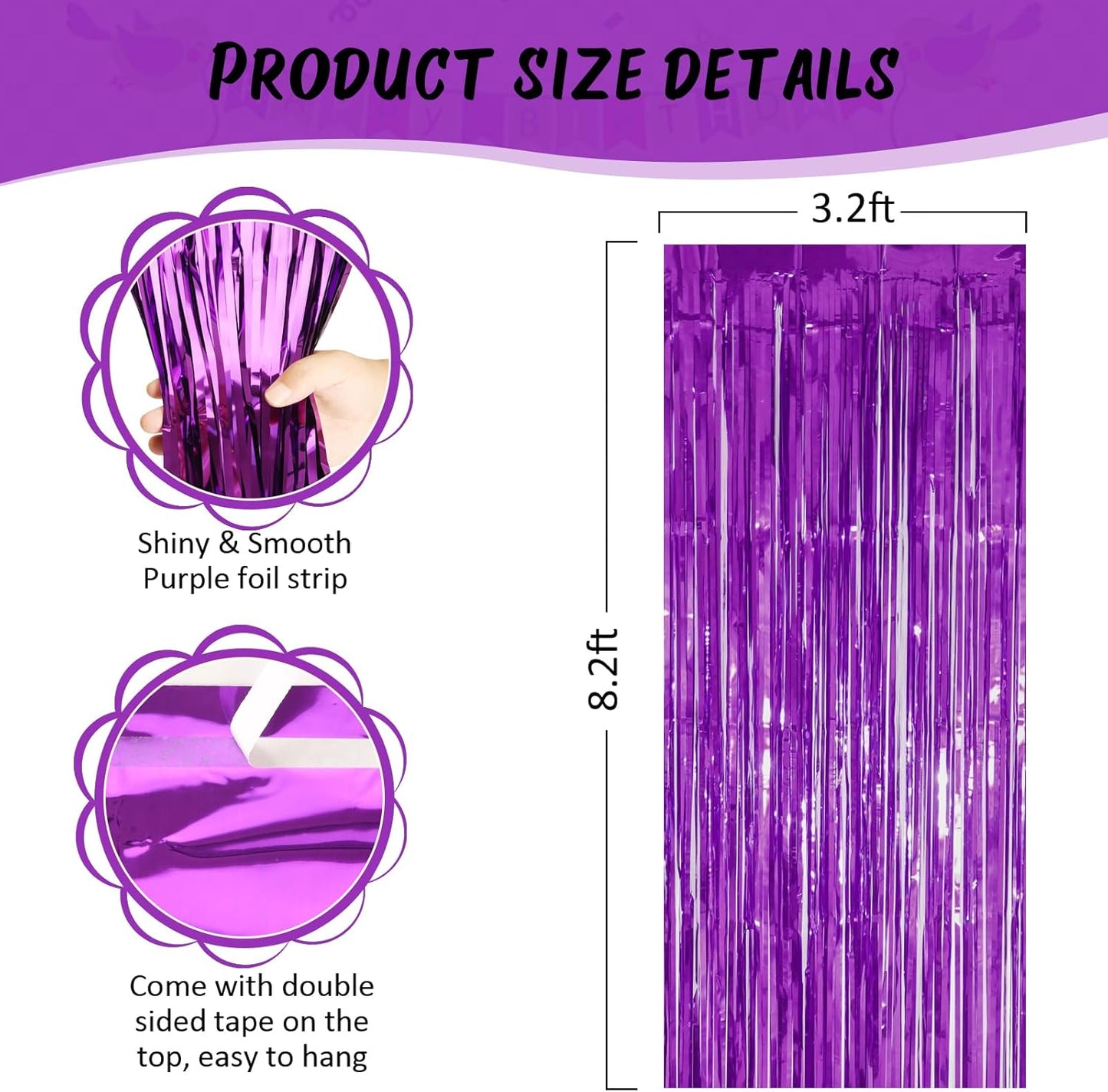 Accevo 3Pack Purple Party Streamers 3.2ft x 8.2ft Foil Fringe Curtain Metallic Streamer Curtains Mermaid Themed Birthday Party Decorations Tinsel Curtain for Parties Streamers for Photoshoot Decor