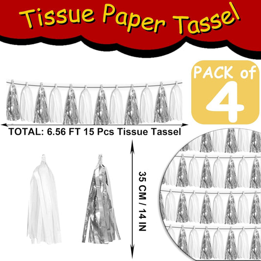 4P White Silver Tassel Banner Garland Metallic Foil Fringe Banner Tinsel Tassels Streamer Banner Backdrop for Parade Floats, Graduation Bridal/Baby Shower Retirement Party Decorations