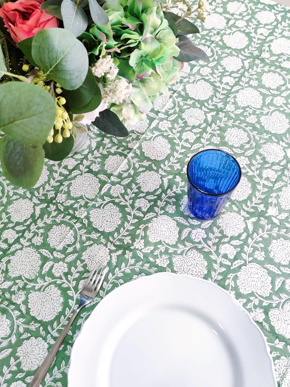 ATOSII Shalimar Green 100% Cotton Rectangle Fall Tablecloth, Handblock Floral Table Cloth Linen for Kitchen Dining I Parties Wedding Outdoors Christmas Thanksgiving I Fall Home Decor 60 X 108 Inches