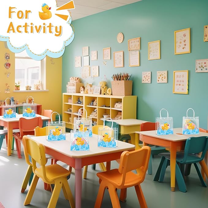Aliceset 20 Pcs Duck Party Clear Favor Bags with Handles Rubber Duck Baby Shower Goodie Bags for Birthday Party Candy Treat Baby Shower Decoration Supplies, 8x8x3.15 Inch