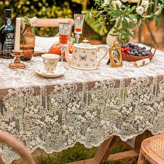 French Embroidery Lace Tablecloth - Round/Rectangular/Square Options for Coffee Tables, Vintage Beige Lace Table Cover for Kitchen, Dining Room, Party, Banquet, Wedding, Picnic, Home Decor(53*53in)