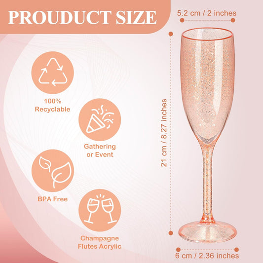 XUWAIDSGN 24 Pcs Champagne Flutes Plastic Wine Glasses Bulk Vintage Champagne Flutes Mimosa Bar Glasses Stemmed Drinking Cups 5.4OZ for Christmas Birthday Wedding Bride (24, Rose gold glitter)