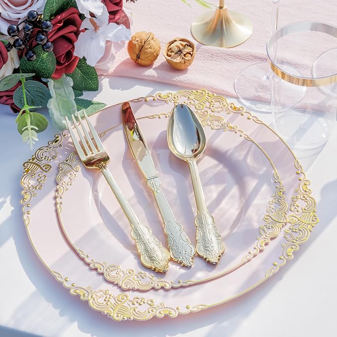 Nervure 175PCS Pink Plastic Plates - Disposable Pink Gold Party Plates & Pre Rolled Napkins with Cutlery for 25 Guests, 50Plates, 75Silverware, 25Cups, 25Napkin for Wedding & Party & Valentines