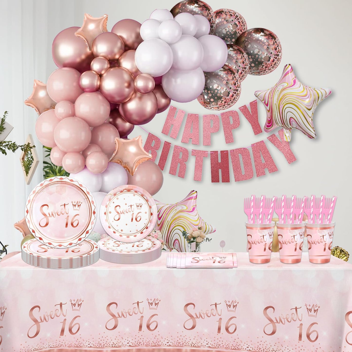 141pcs Sweet 16 Party Decorations,Sweet 16 Party Disposable Tableware set Includes Dinner Plate Dessert Plate Paper Napkin Cup Knife Fork Straws Tablecloth Pink Rose Gold 16 Supplies set