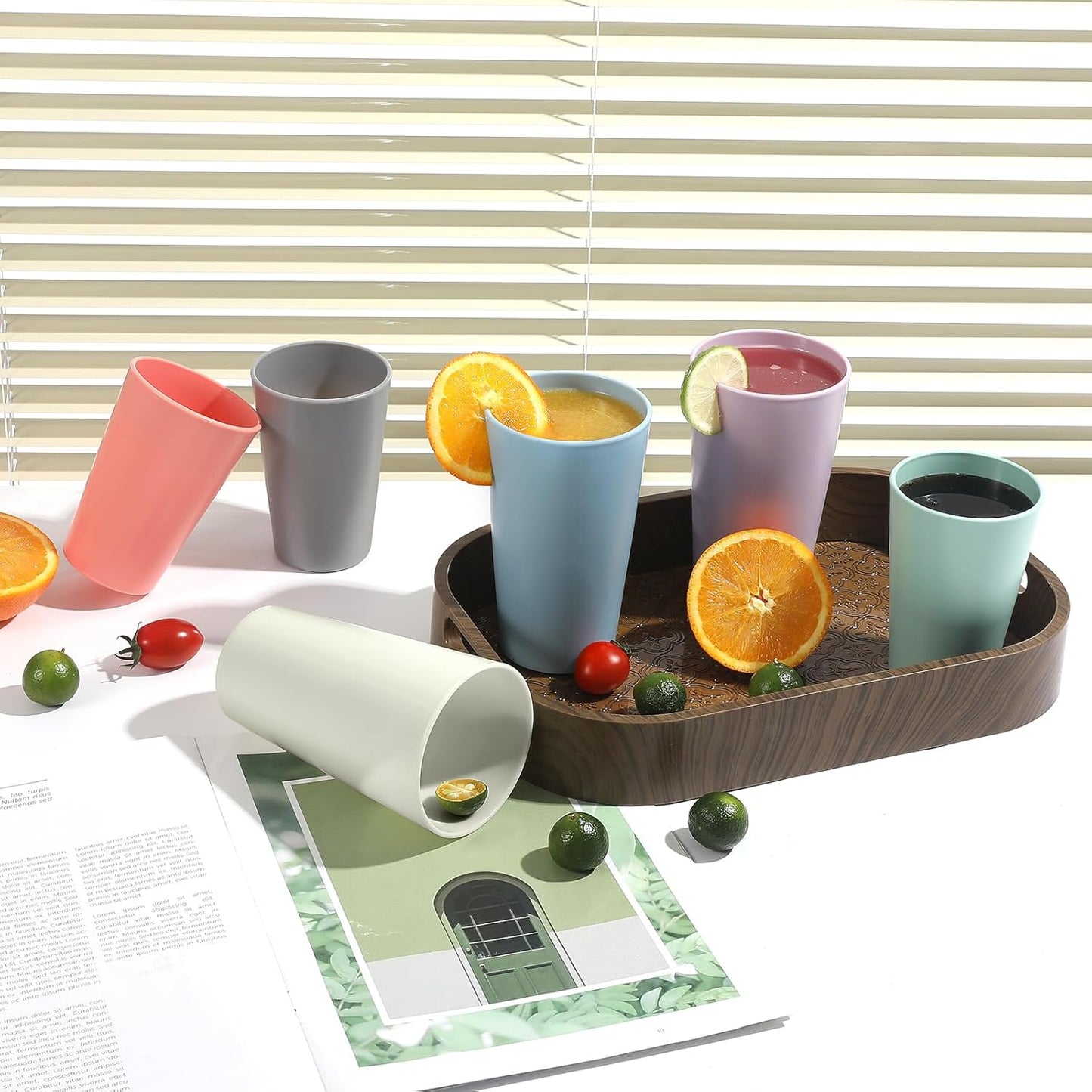 24 Pcs Unbreakable Plastic Cups Set, 14 oz Reusable Plastic Cups, Stackable Water Tumblers, Drinking Cup for Kitchen, Outdoor, BPA-free, Dishwasher Refrigerator and Microwave Safe (14 oz, 6 Colors)