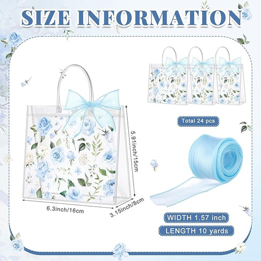 Wesnoy 24 Pcs Clear Floral Gift Bags with Handles Rose Blue Flower PVC Treat Tote Bag for Tea Birthday Party Wedding Bridal Shower Bachelorette Anniversary Engagement Guests, 7.8 x 7.8 x 3.2 Inch