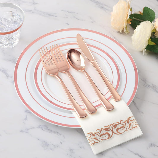 Goodluck 350 Piece Rose Gold Dinnerware Set for 50 Guests - Disposable Plastic Plates, Paper Napkins, Cups, Silverware for Party