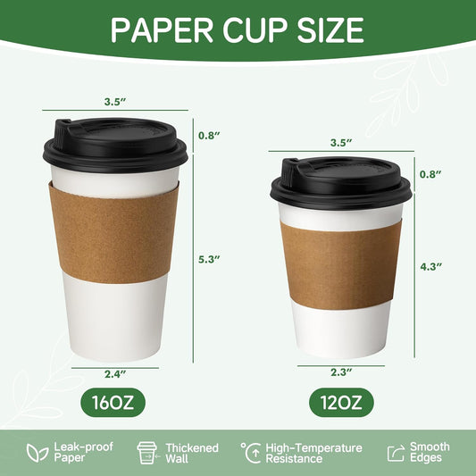 12 oz 500 Pack White Disposable Coffee Cups with Lids and Sleeves, Paper Hot Drink Cups To Go, Diner Style, Perfect Size for Espresso/Latte