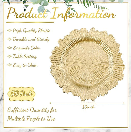 Rtteri 50 Pcs 13 Inch Charger Plates Bulk, Plastic Charger Plates with Floral Reef Design, Round Ruffled Rim Decorative Dinner Tableware for Wedding, Party, Event Table Decor(Light Gold)