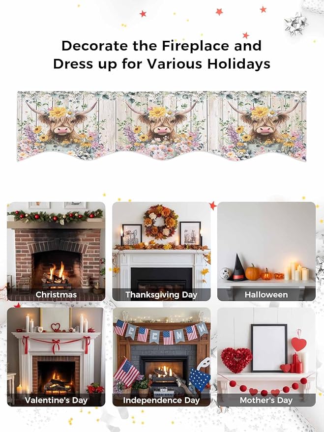 Spring Cow Floral Fireplace Mantel Scarf Table Runner, Green Eucalyptus Leaves Grey Wooden Winter Garland Mantel Top Tablerunners Dresser Scarves Cover for Windows Party Living Room 60''x17''