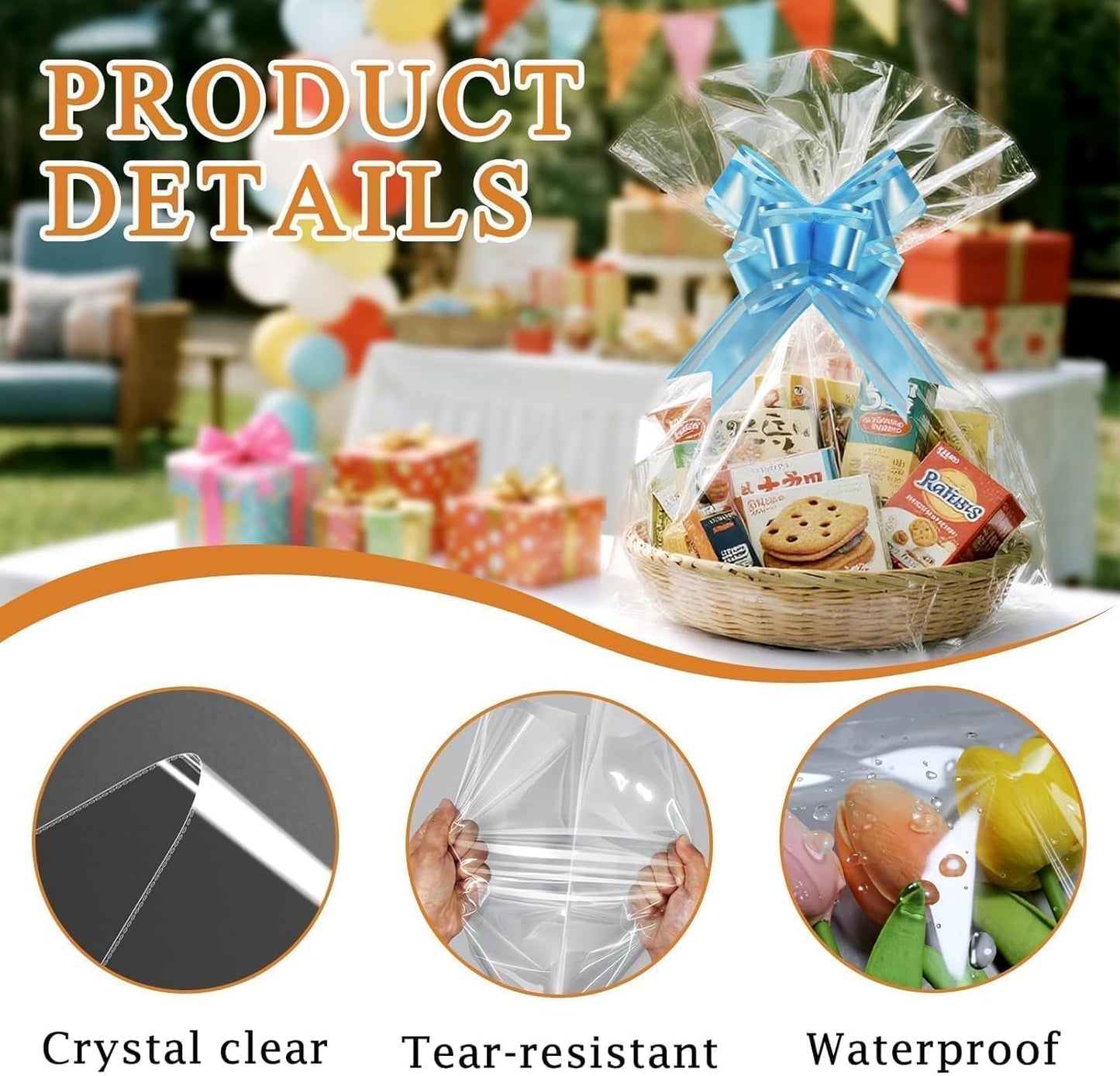 PigPotParty 30"x40" Clear Cellophane Gift Bags - Includes Bows – 10 Pack Large Cellophane Wrap for Gift Baskets, Plastic Gifts Bags for Gift Giving