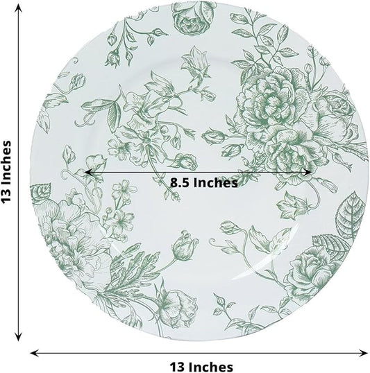 Efavormart 6 Pack Floral Acrylic Charger Plates in French Toile Pattern, White Sage Green Round Dinner Charger Event Tabletop Decor - 13"