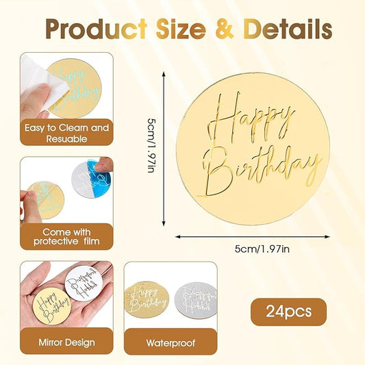 24 Pcs Gold Mirror Acrylic Cupcake Toppers, Round Gold Happy Birthday Cake Topper, Cake & Cupcake Decorations for DIY Birthday Party Anniversary Pastries Decorations