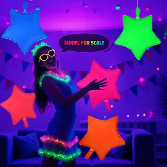 Mega-L Glow in the Dark Party Supplies, 5 Pcs Neon Star Balloons Set – Fluorescent Red, Lemon Yellow, Fuchsia, Blue and Orange Balloons Perfect for Birthday, Wedding, Anniversary, Graduation Party