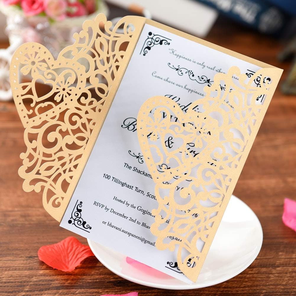 FOMTOR Gold Laser Cut Wedding Invitations Kits 50 Packs Laser Cut Wedding Invitations with Blank Printable Cards and Envelopes for Birthday Parties Baby Shower