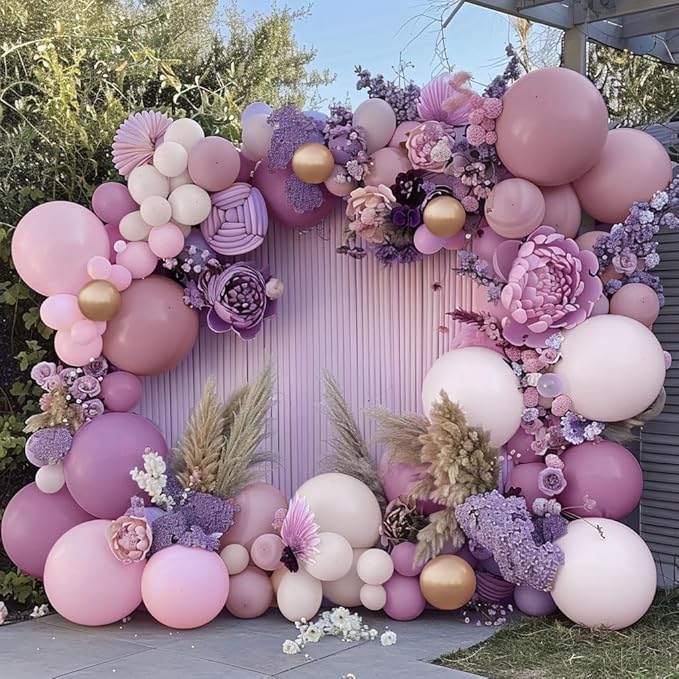 Dusty Purple Pink Balloon Garland Double Stuffed Boho Lavender Sand White Pastel Pink Lilac Gold Balloons Arch Kit for Wedding Birthday Bridal Baby Shower Floral Butterfly Party Decoration