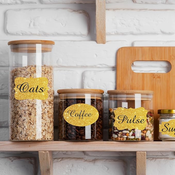 Yeachlaing Bright Gold Labels Stickers,250 PCS 2" x 1.2" Fancy Shape Stickers Labels for Storage Box or Food Jars Holiday Present Stickers Christmas Gift Tags Stickers
