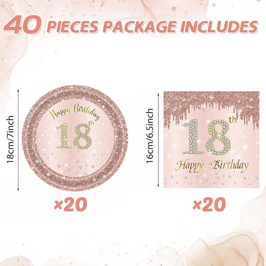 18th Birthday Party Decorations for Girls Pink Rose Gold Theme Birth Supplies Include 20 Plates 20 Napkins Sweet Eighteen Years Old Birthday Party Tableware for Girls Kids Children