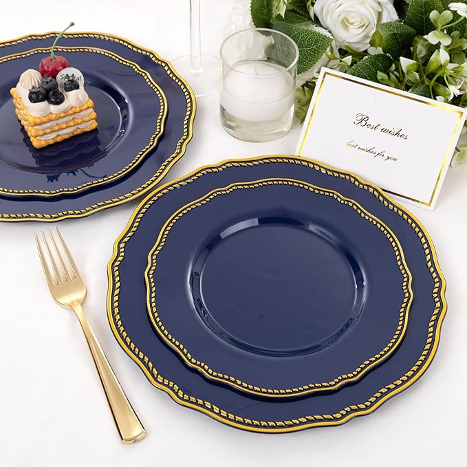 Hioasis 60pcs Blue Plastic Plates - Blue and Gold Disposable Dinnerware with Gold Rim, Heavy-duty, 7.5 inch, Dessert Plates for Party & Christmas