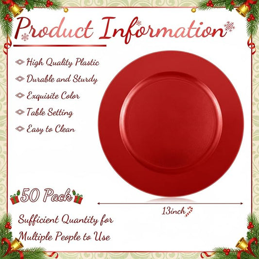 Tanlade 50 Pcs 13 Inch Charger Plates Bulk Round Wedding Chargers Plastic Plate Chargers Dinner Charger Plates for Table Setting Wedding Party Decoration (Red)