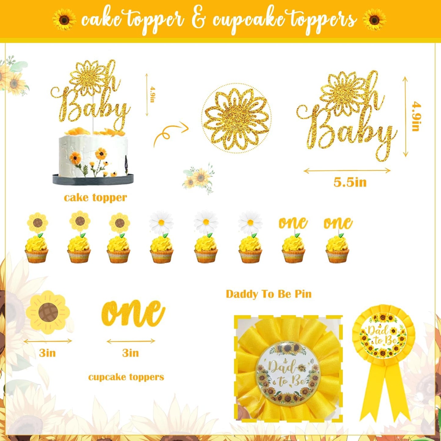 Sunflower Baby Shower Decorations for Girl, Yellow Baby Girl Shower Décor, Mommy To Be Sash&Pin Boxes Sunshine Sunflower Cake Cupcake Toppers Balloon Arch Backdrop, It's a Girl Baby Shower Supplies