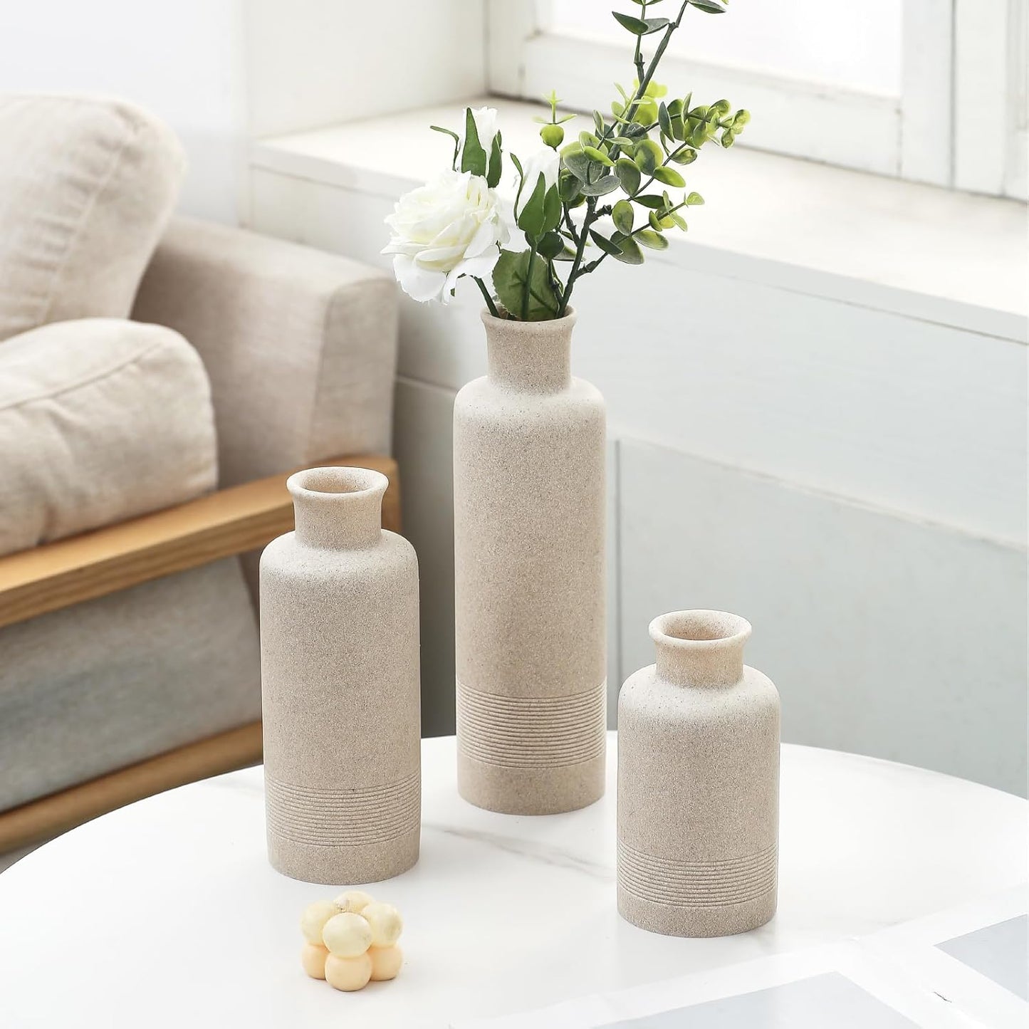Flower Vase Set, Stone Look, 3 PCS Small Decorative Bud Vases for Pampas Grass, Farmhouse Decor, Kitchen, Living Room, Bathroom, Bedroom, Office, Shelf Centerpiece Table Decoration (Beige)