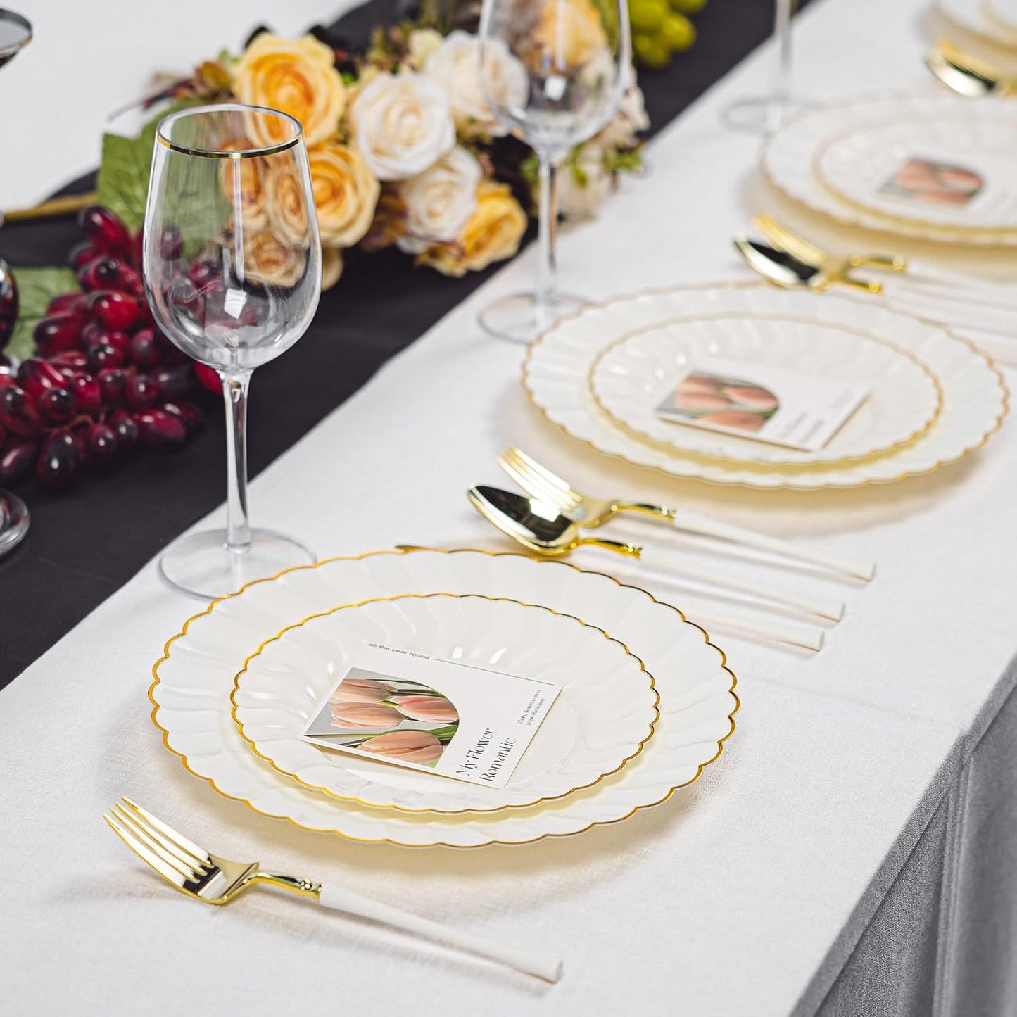 HOMIP 150PCS Ivory Plates with Gold Disposable Silverware - Include 60 Scalloped Plastic Plates, 30 Knives, 30 Forks, 30 Spoons Elegant & Lightweight for Weddings, Birthdays, Parties