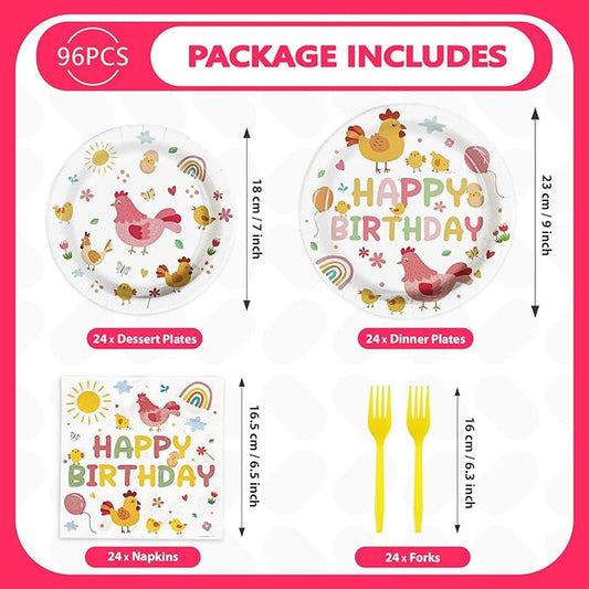 Grencian Chicken Birthday Party Decorations - 96Pcs Little Chick Birthday Plates and Napkins Farm Animal Barnyard Baby Shower Disposable Tableware for Kids Boys Girls Chicken Themed Party Decorations