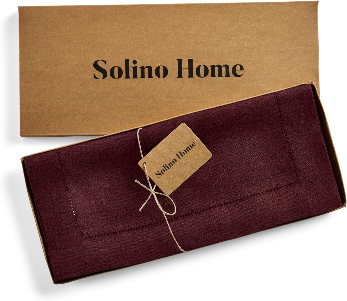 Solino Home Linen Burgundy Table Runner 132 Inches Long - 100% Pure Linen Extra Long Table Runner 14 x 132 Inch for Fall, Autumn, Thanksgiving, Christmas - Classic Hemstitch