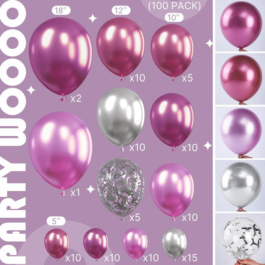 PartyWoo Pink Balloon Arch Kit Garland 100 pcs Different Sizes of 18 12 10 5 Inch Metallic Light Pink Magenta Silver Latex Balloons for Wedding Engagement Baby Shower Birthday Party Decorations