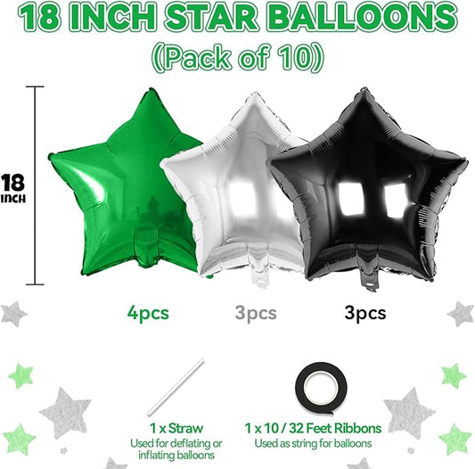 Green Black Silver Star Foil Balloons, 10PCS Foil Stars Shape Balloon, 18 Inch Metallic Pentagram Balloons Helium for Boys Men, Graduation, Baby Shower, Football Soccer Game Birthday Party Decoration
