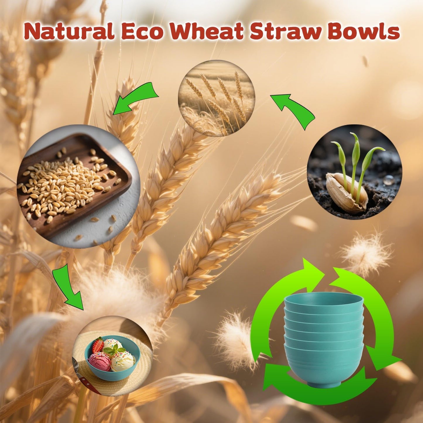 Wrova Small Wheat Straw Bowls Sets of 6,Dishwasher Safe and Microwave Safe Snack Bowls 10oz,Alternative Handy Plastic Bowls Reusable for Snack and Ice Cream.Green Series